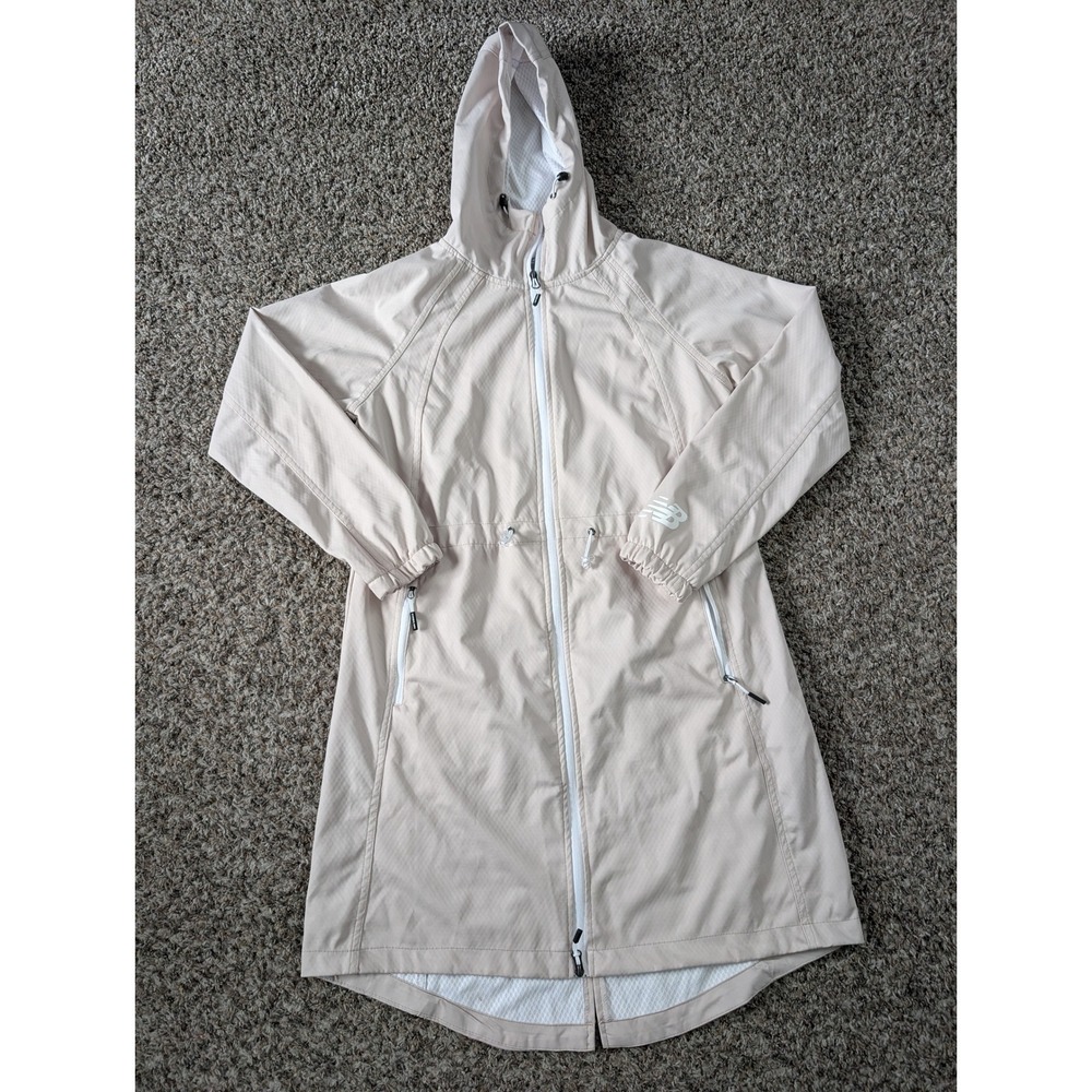 New Balance Womens Longline Hooded Windbreaker Jacket Tan Size S Full Zip Mesh